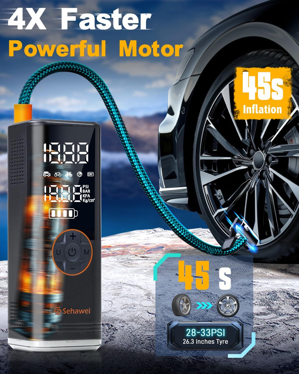 Ultra-Fast Portable Tire Inflator - 150PSI Electric Air Pump with 20000mAh Battery & Dual LCD Display for Cars, Motorcycles, Bikes, and Balls