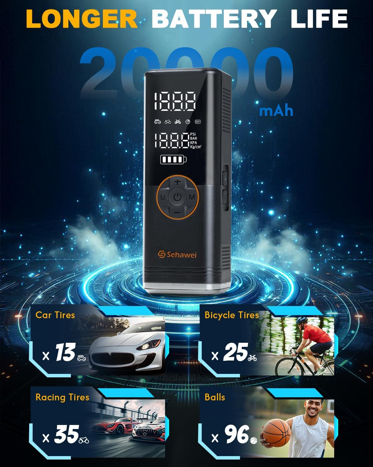 Ultra-Fast Portable Tire Inflator - 150PSI Electric Air Pump with 20000mAh Battery & Dual LCD Display for Cars, Motorcycles, Bikes, and Balls