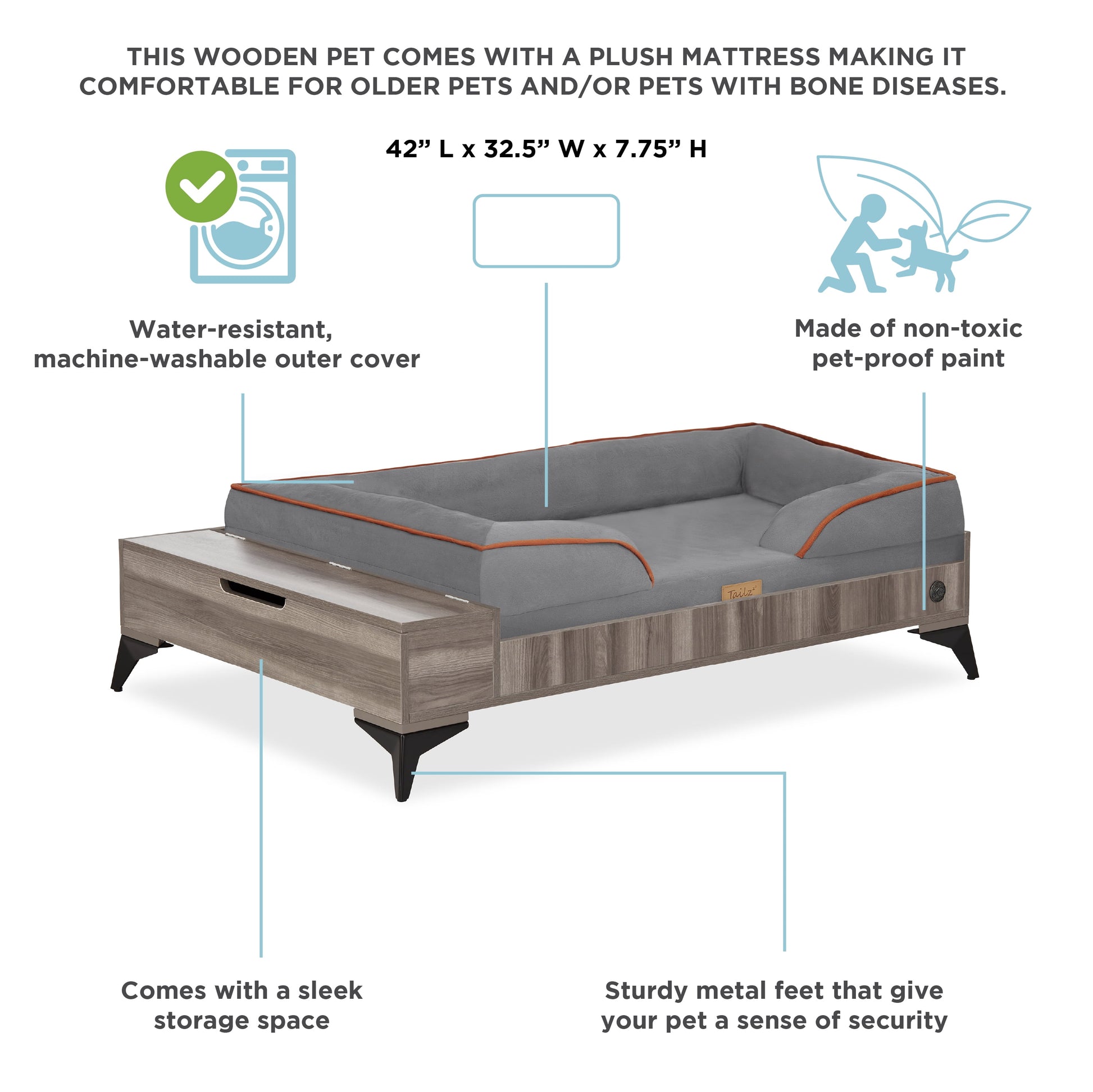 Wyatt Large to Extra Large Wooden Pet Bed with Mattress - Greenguard Gold Certified for Ultimate Comfort