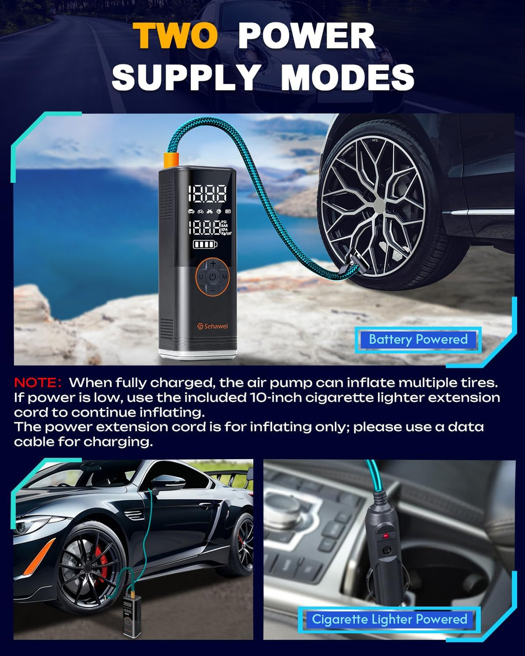 Ultra-Fast Portable Tire Inflator - 150PSI Electric Air Pump with 20000mAh Battery & Dual LCD Display for Cars, Motorcycles, Bikes, and Balls
