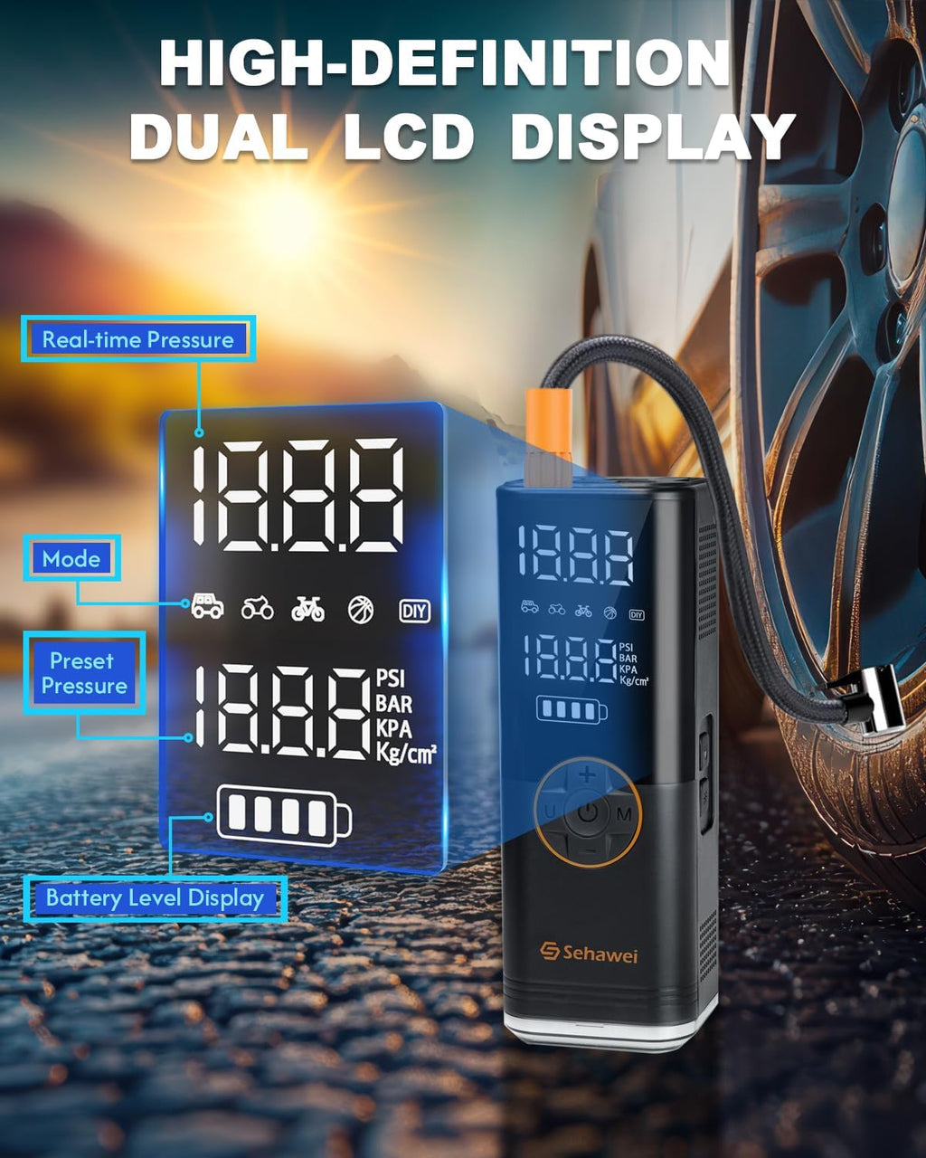 Ultra-Fast Portable Tire Inflator - 150PSI Electric Air Pump with 20000mAh Battery & Dual LCD Display for Cars, Motorcycles, Bikes, and Balls