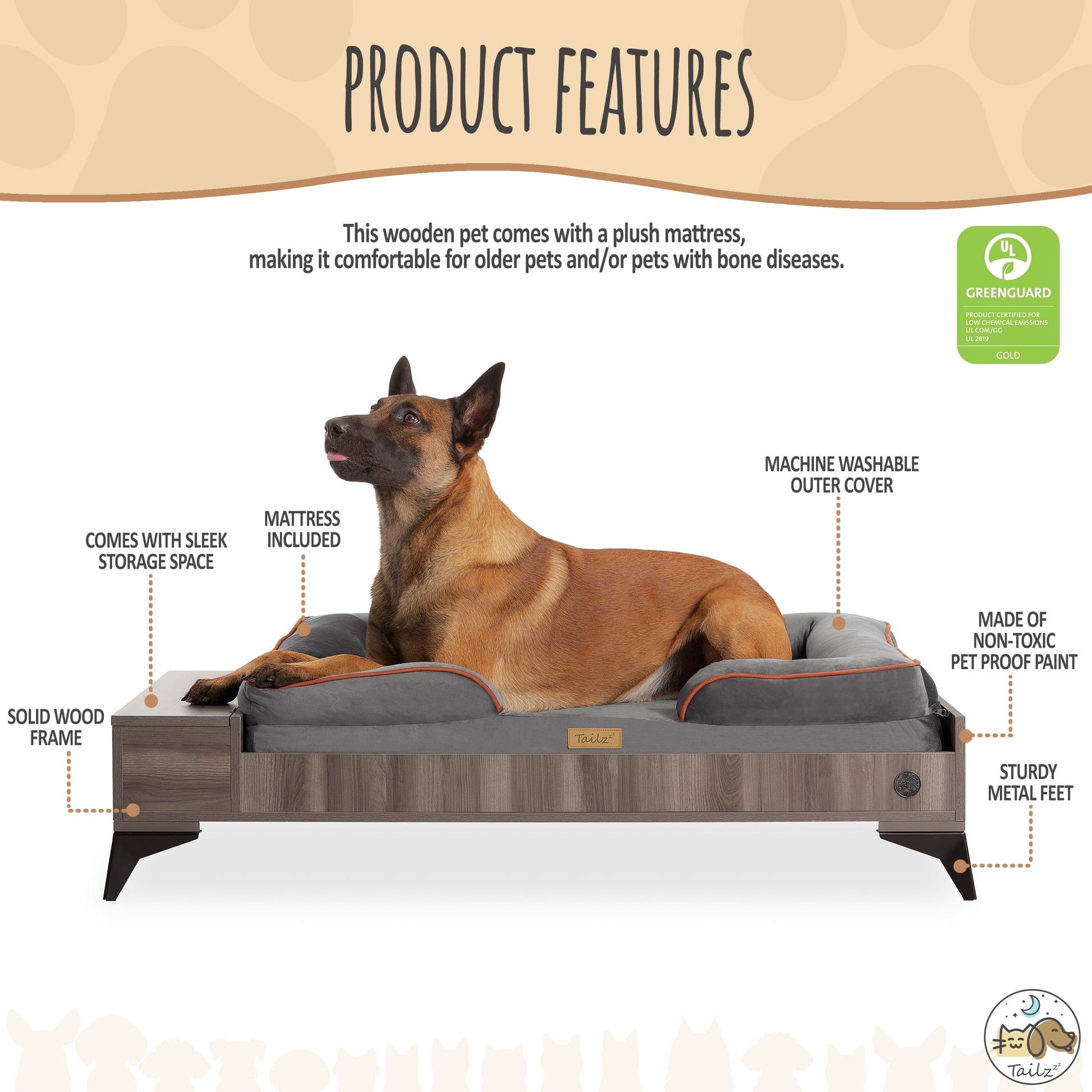 Wyatt Large to Extra Large Wooden Pet Bed with Mattress - Greenguard Gold Certified for Ultimate Comfort