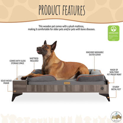 Wyatt Large to Extra Large Wooden Pet Bed with Mattress - Greenguard Gold Certified for Ultimate Comfort